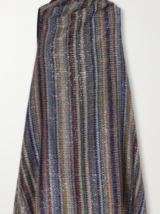 MISSONI Sequin-embellished striped metallic crochet-knit mini dress