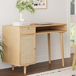 Nathan James Aaron Modern Desk with Storage, Natural Rattan Table with Square Webbing and Gold Accent Knobs, Natural Brown