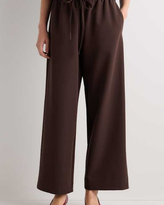 Coffee Bean Brown Stretch Crepe Drawstring Wide Leg Pants