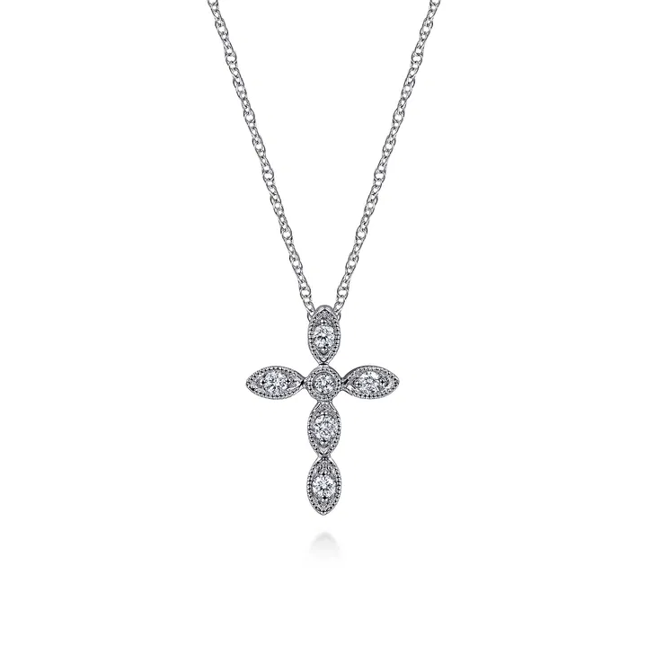 14K White Gold Marquise Shaped Diamond Cross Necklace