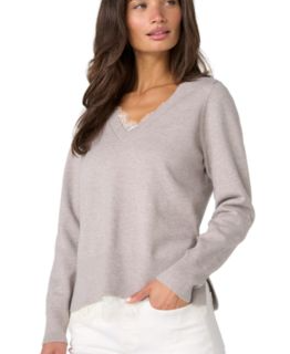 Women's V-Neck Long-Sleeve Lace Trim Sweater