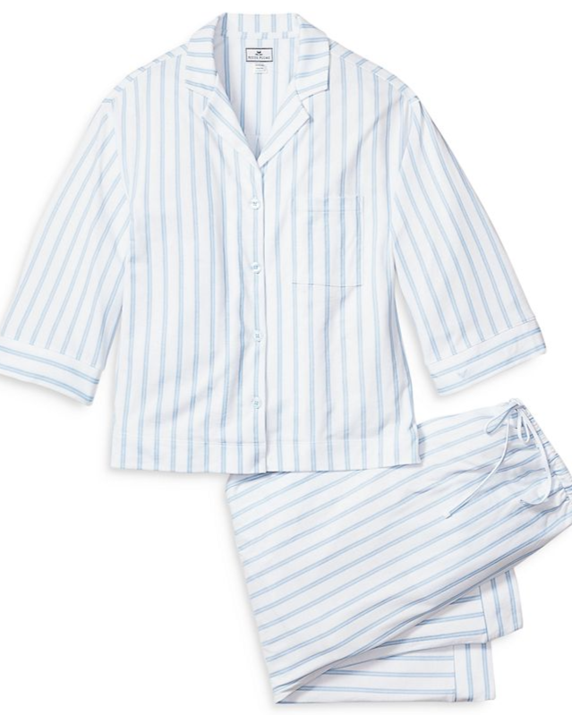 Luxe Pima Cotton Wide Leg Pajama Set in Blue Stripe