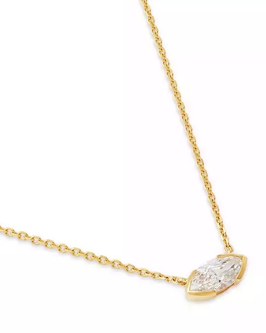 14K Yellow Gold Lab Grown Diamond Marquis Half Bezel Solitaire Pendant Necklace, 16-18"