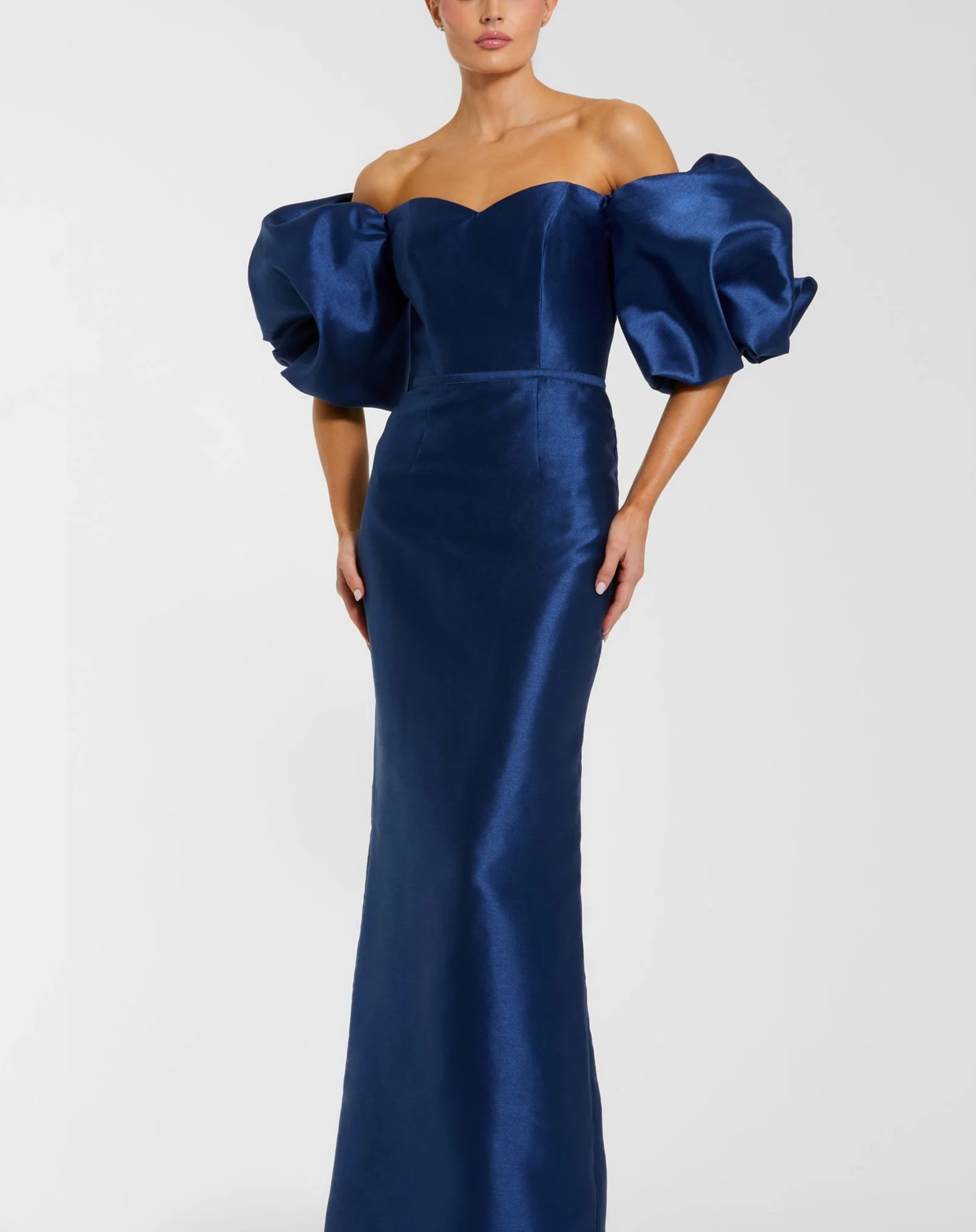 Blue Off The Shoulder Puff Sleeve Satin Evening Gown