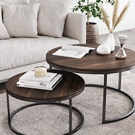 Nathan James Stella Round Modern Nesting Coffee Set of 2, Stacking Living Room Accent Tables with an Industrial Wood Finish and Powder Coated Metal Frame, Warm Nutmeg/Matte Black