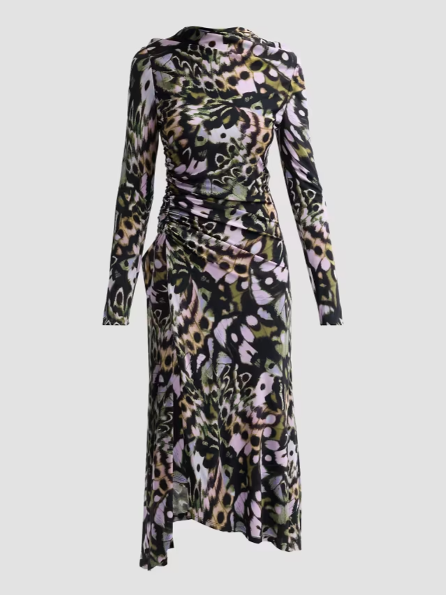 Isabella Printed Asymmetric-Hem Midi Dress