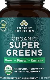 Organic Super Greens Capsules, Probiotics, Spirulina, 90 Count