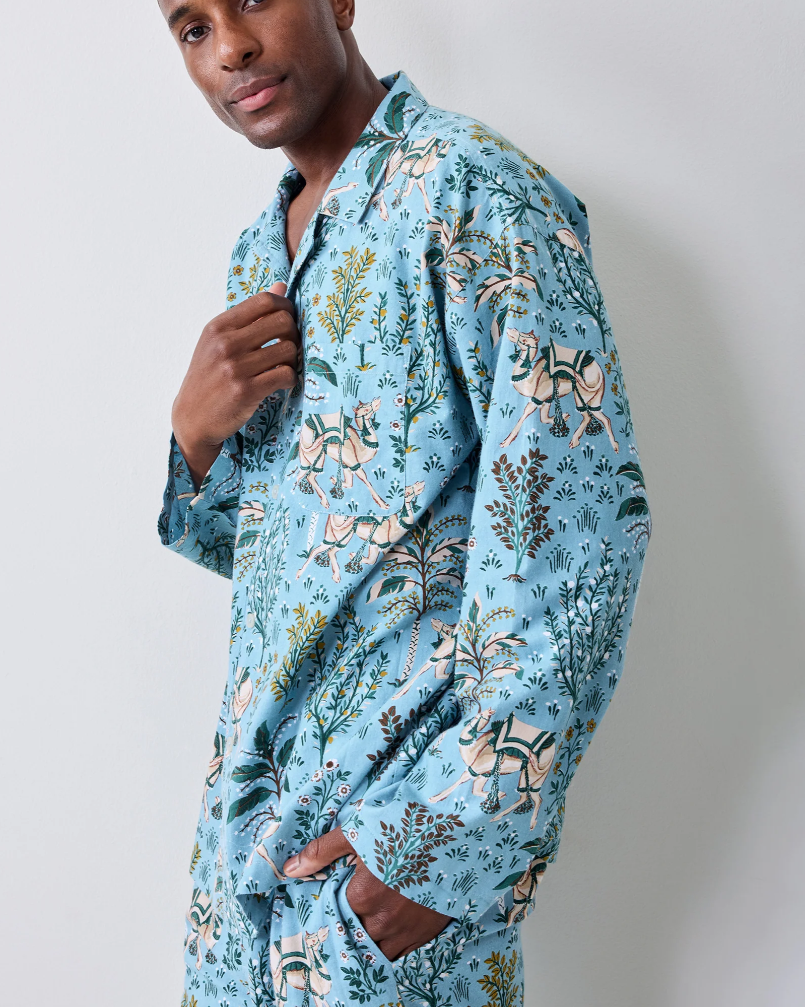 Camel's Courtyard - Men’s Lightweight Flannel Long PJ Set - Slate Blue