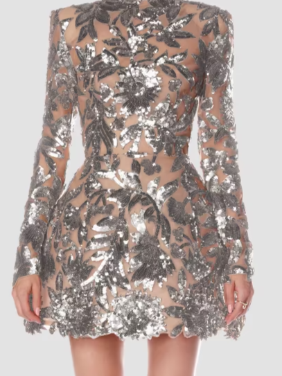 Sequined Floral Long-Sleeve Mini Dress