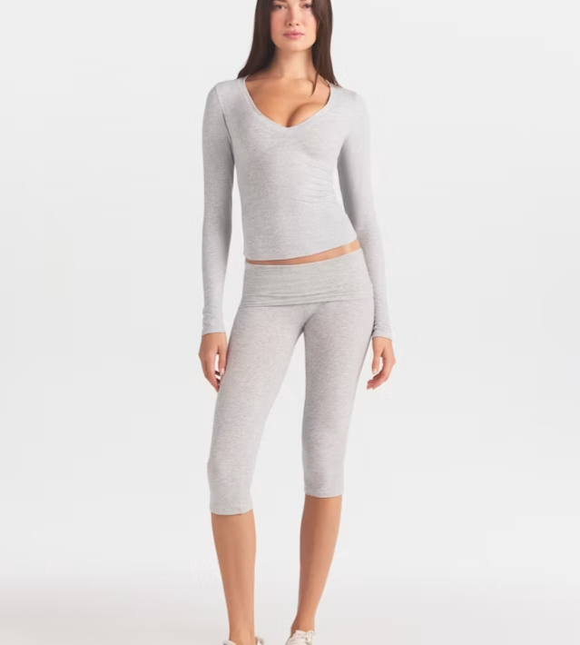 Cotton Jersey V Neck Long Sleeve Top - Light Heather Grey