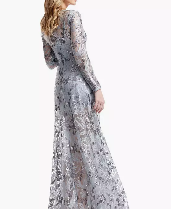 Women's Ava Long-Sleeve Floral-Sequin Gown