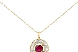 14K Yellow Gold Plated Sterling Silver Lab Grown Ruby and Diamond Medallion Pendant Necklace