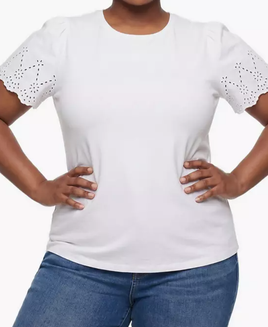 Plus Size Belle Isle Eyelet Scalloped-Edge Cotton Crewneck Short-Sleeve T-Shirt
