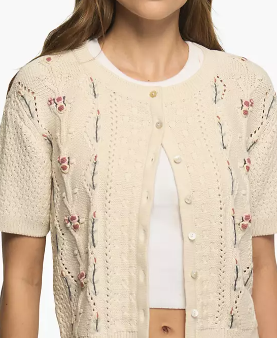 Women's Rosette Button Up Short-Sleeve Cable-Knit Crop Cardigan