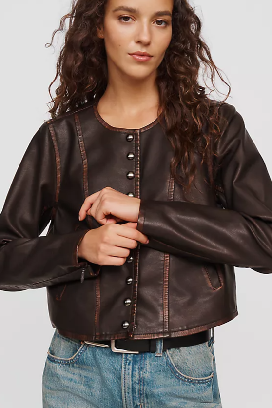 Pilcro Cora Faux Leather Cropped Biker Jacket