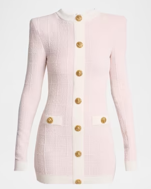 Buttoned Boucle Knit Strong-Shoulder Mini Dress