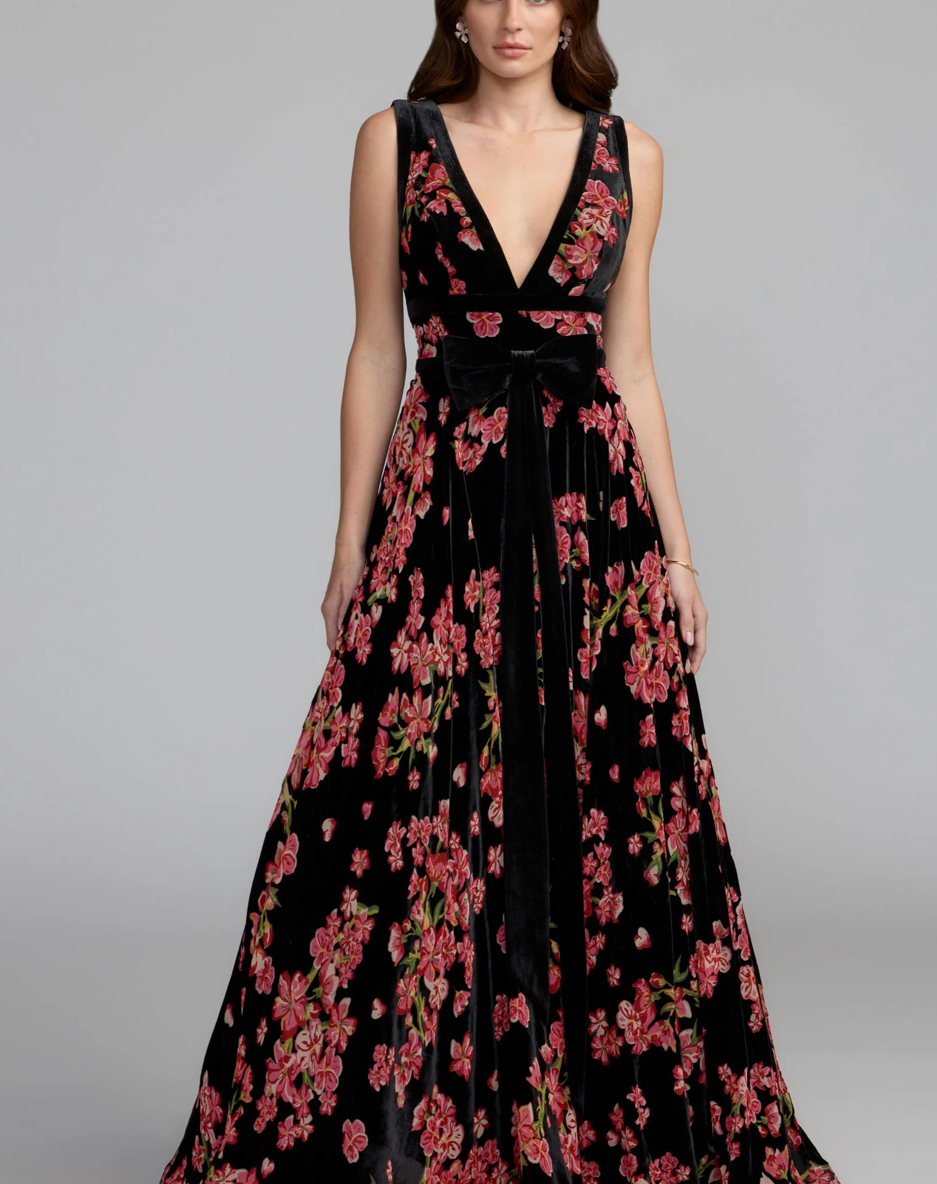 Black Multi Floral Velvet Ball Gown With Bow