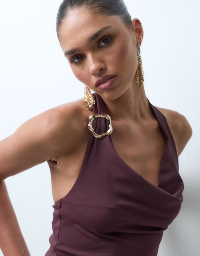 The Frolic exclusive ruched cowl neck metal hardware top in plum