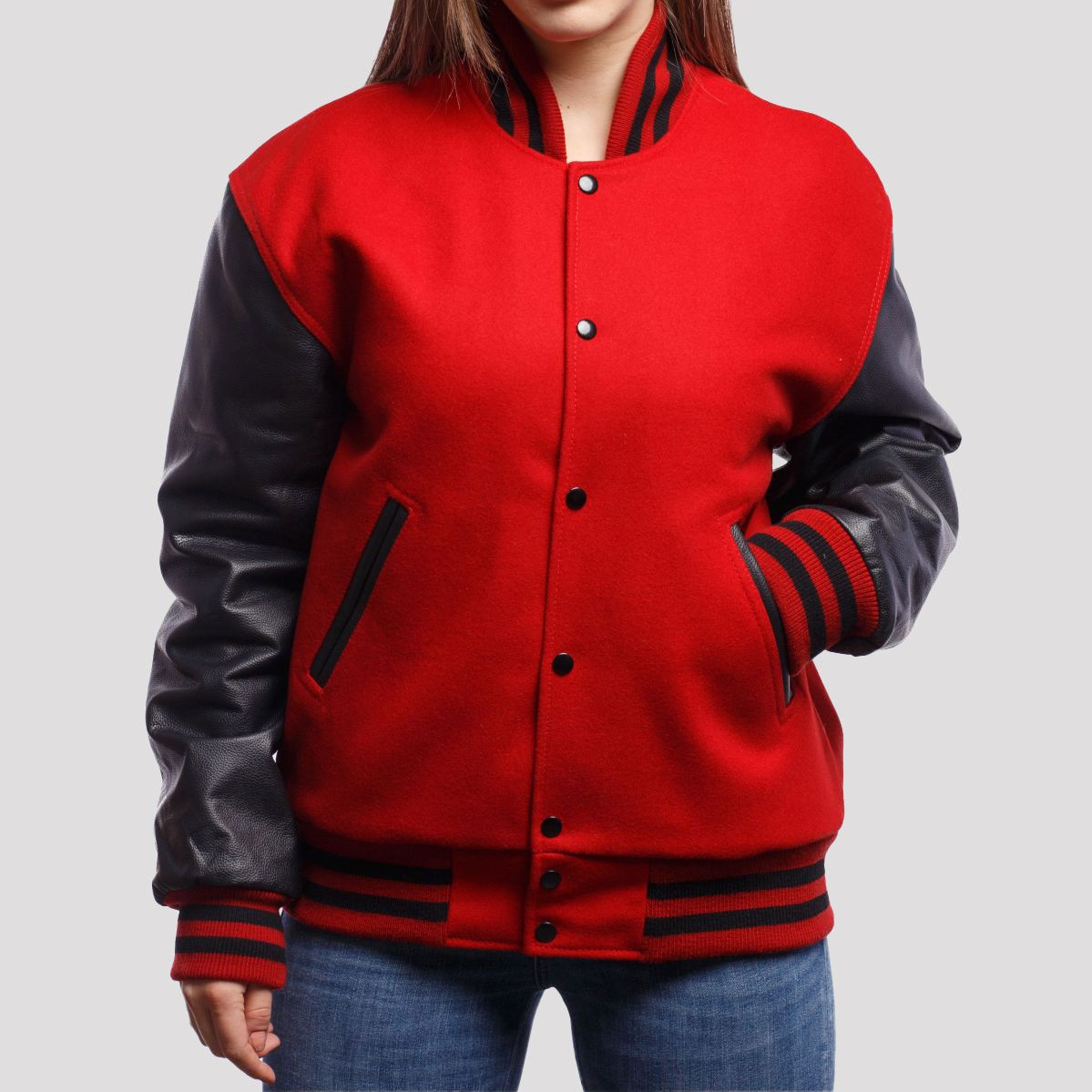 Varsity Base Scarlet Wool Body & Black Leather Sleeves Letterman Jacket