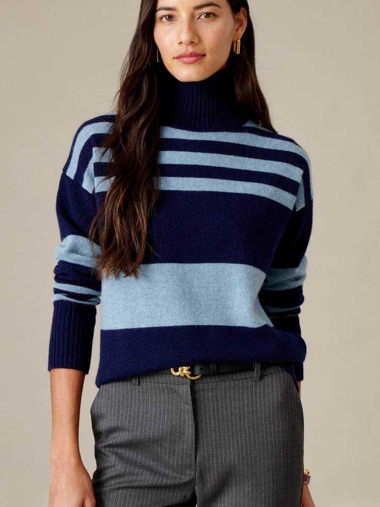 Dina Cashmere Turtleneck in Stripe - Navy