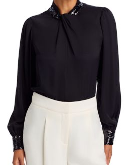 Amira Silk Stretch Sequin Trim Shirt