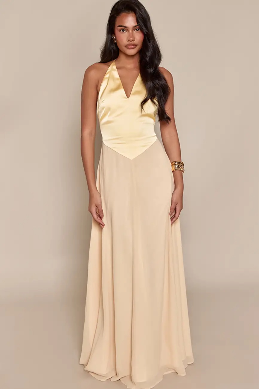 Lemon Satin Contrast Strappy Maxi Dress