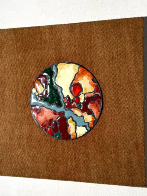 1970s Modernist Abstract Enamel on Copper and Textile Wall Hanging Sculpture
