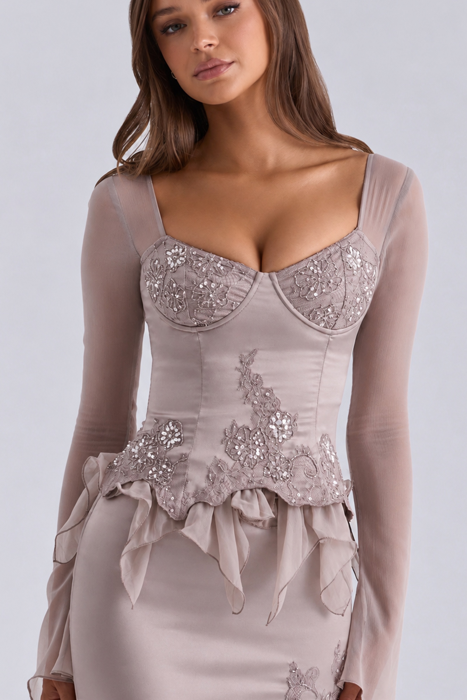 Antonia Silver Lilac Long Sleeve Embellished Satin + Chiffon Corset Top