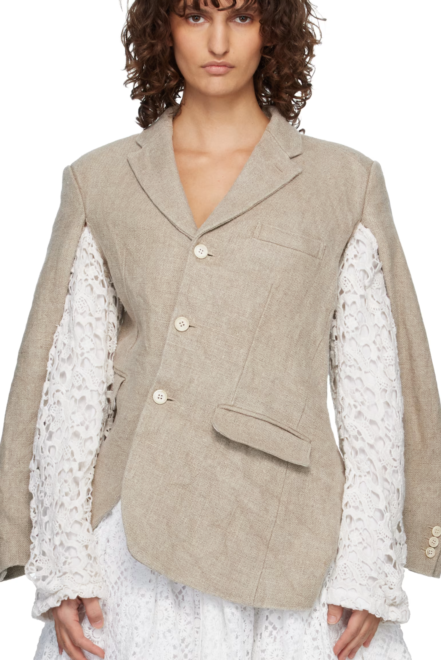 Beige Linen Super Heavy Canvas & Cotton Lace Blazer