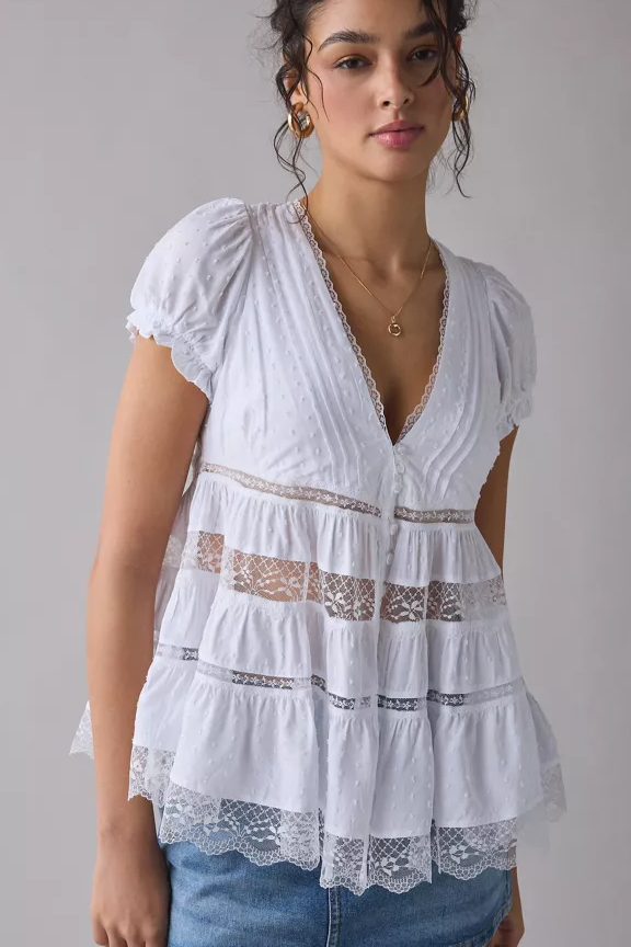 URBAN OUTFITTERS Kimchi Blue Dawn Sheer Lace Trim Puff Sleeve Babydoll Top