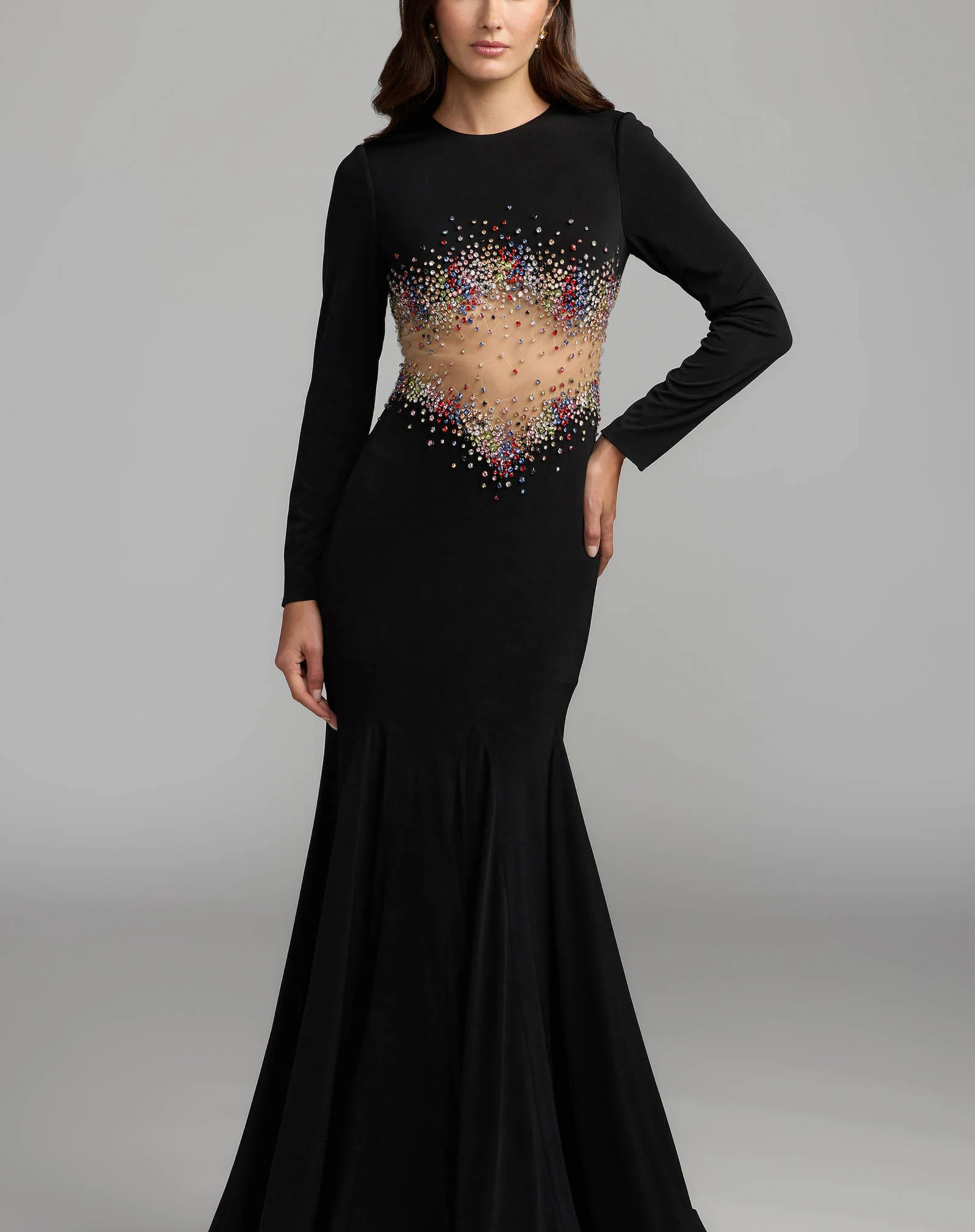Black Crystal Embellished Illusion Jersey Gown