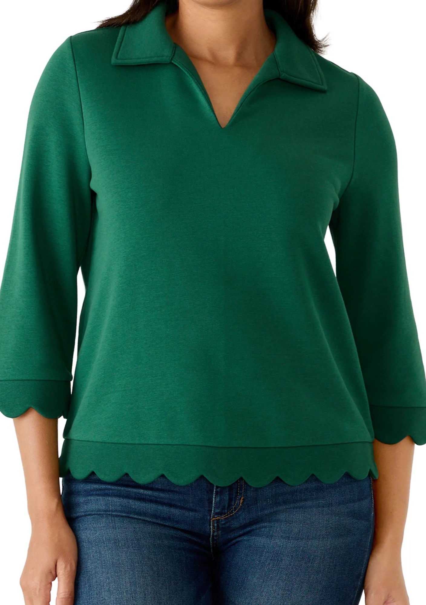 BELK CROWN & IVY WOMEN'S 3/4 SLEEVE SCALLOPED KNIT TOP