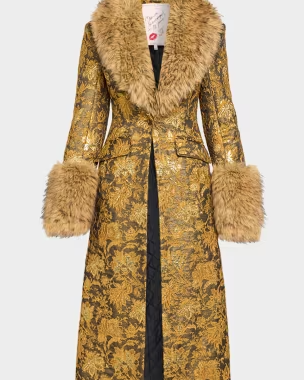Cinq à Sept Ivella Floral Jacquard Fur-Trim Coat