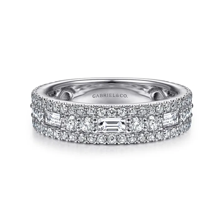 Wide 14K White Gold Round and Baguette Diamond Anniversary Band - 1.15 ct