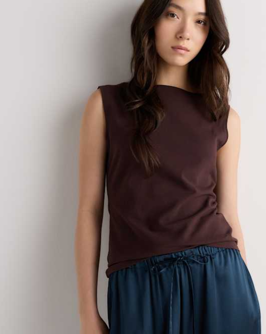 Chocolate Plum Brown Stretch Cotton Jersey Boat Neck Tank