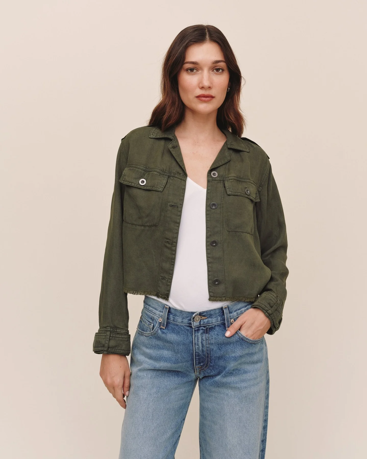 Cropped Utility Jacket With Fray Hem - Smoked Olive