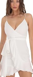 Women's Asymmetric White Sheer Wool Dobby Wrap Mini Dress: Sleeveless, Low V-Neck, Side Tie Detail