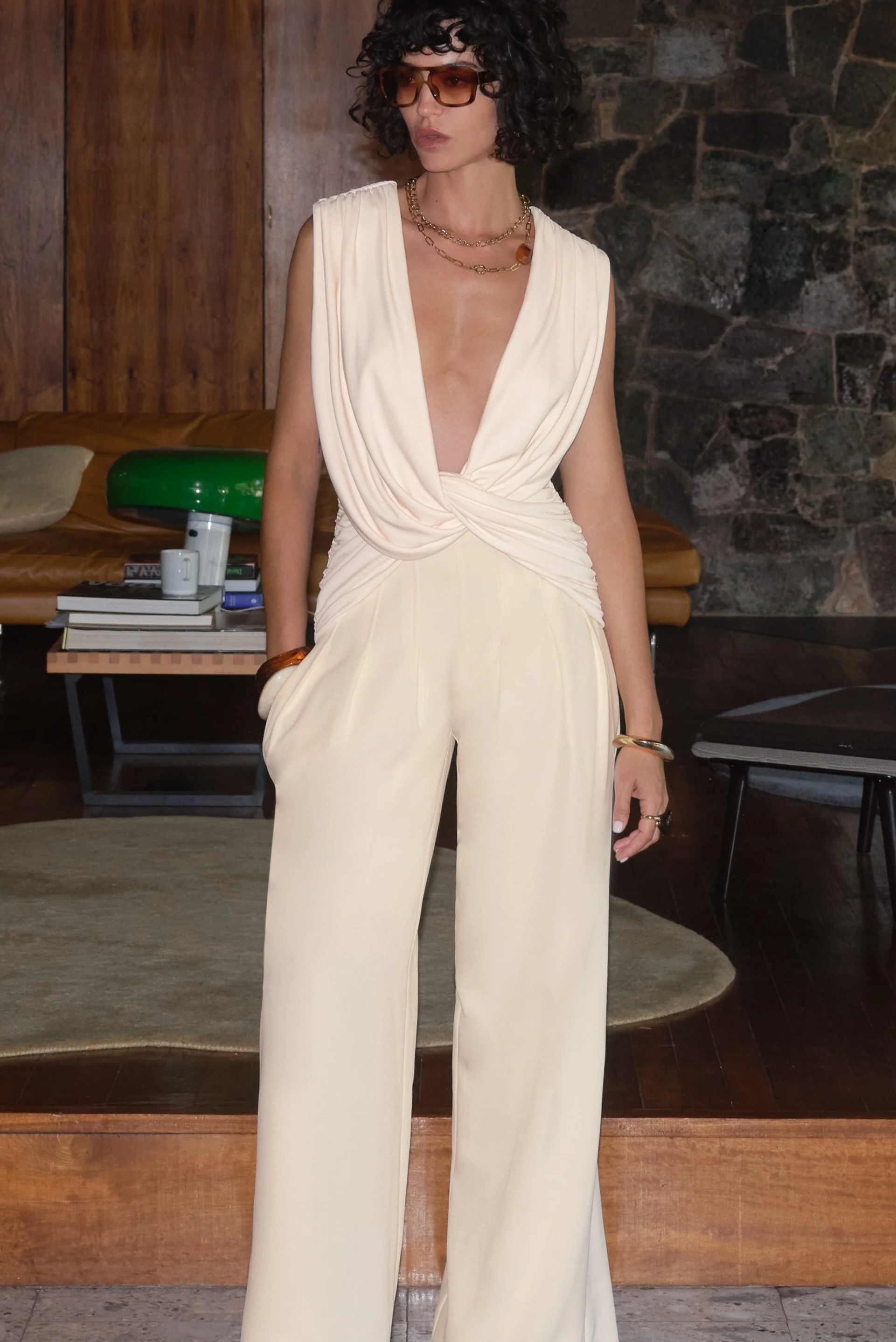 Cream Jersey Plunge Ruched Top with Draped Detailing and Tie Back