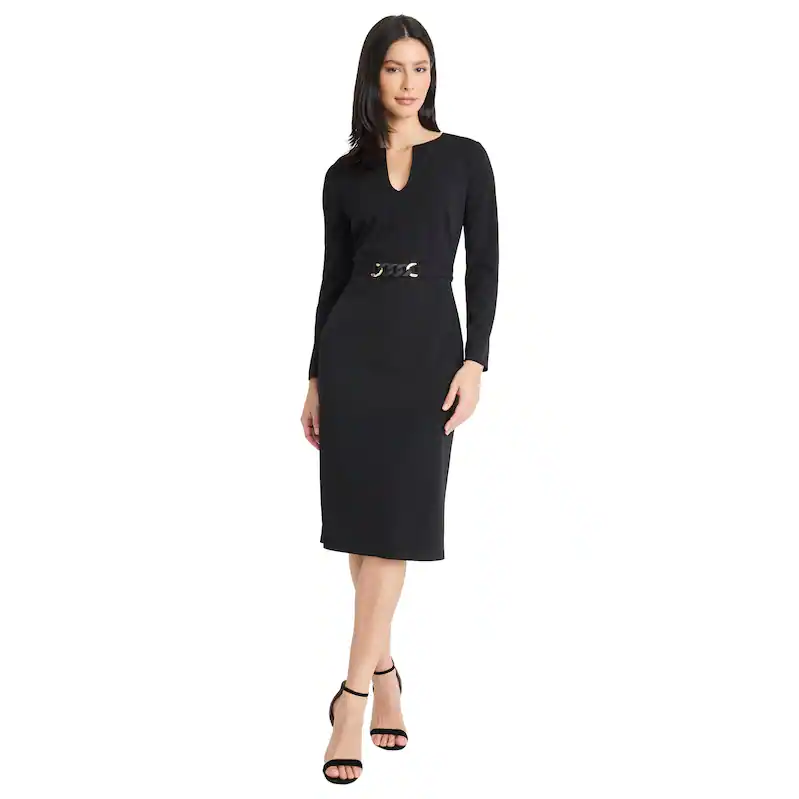 Overstock Women's Long Sleeve V-Neck Sheath Dress with Belt Detail