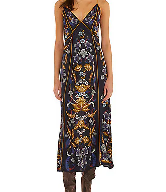 Golden Nature Printed V-Neck Sleeveless Midi Slip Dress