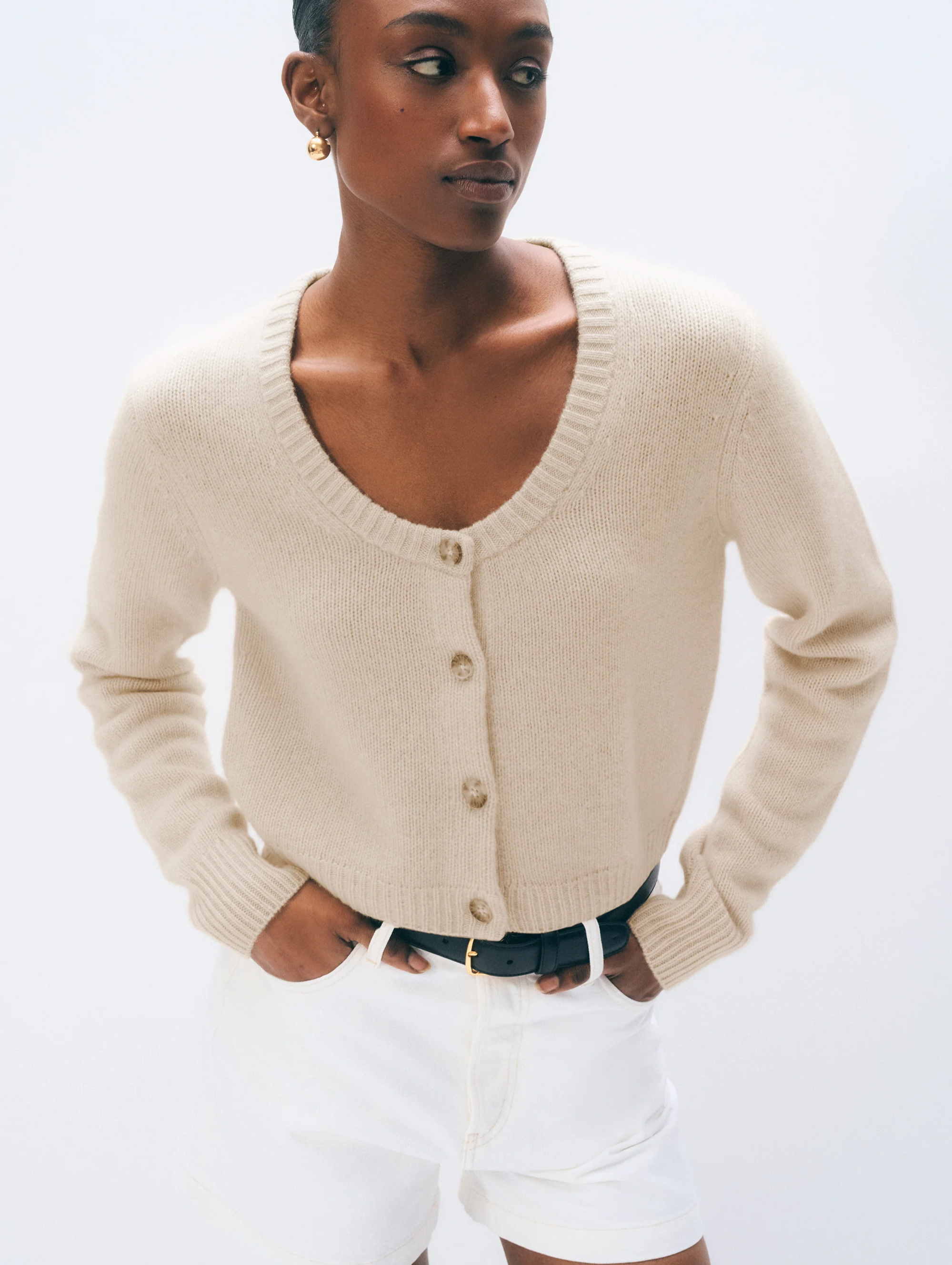 Cashmere Scoop Short-Length Cardigan | Natural Heather