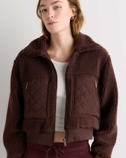 Hickory Brown Sherpa Cropped Bomber Jacket