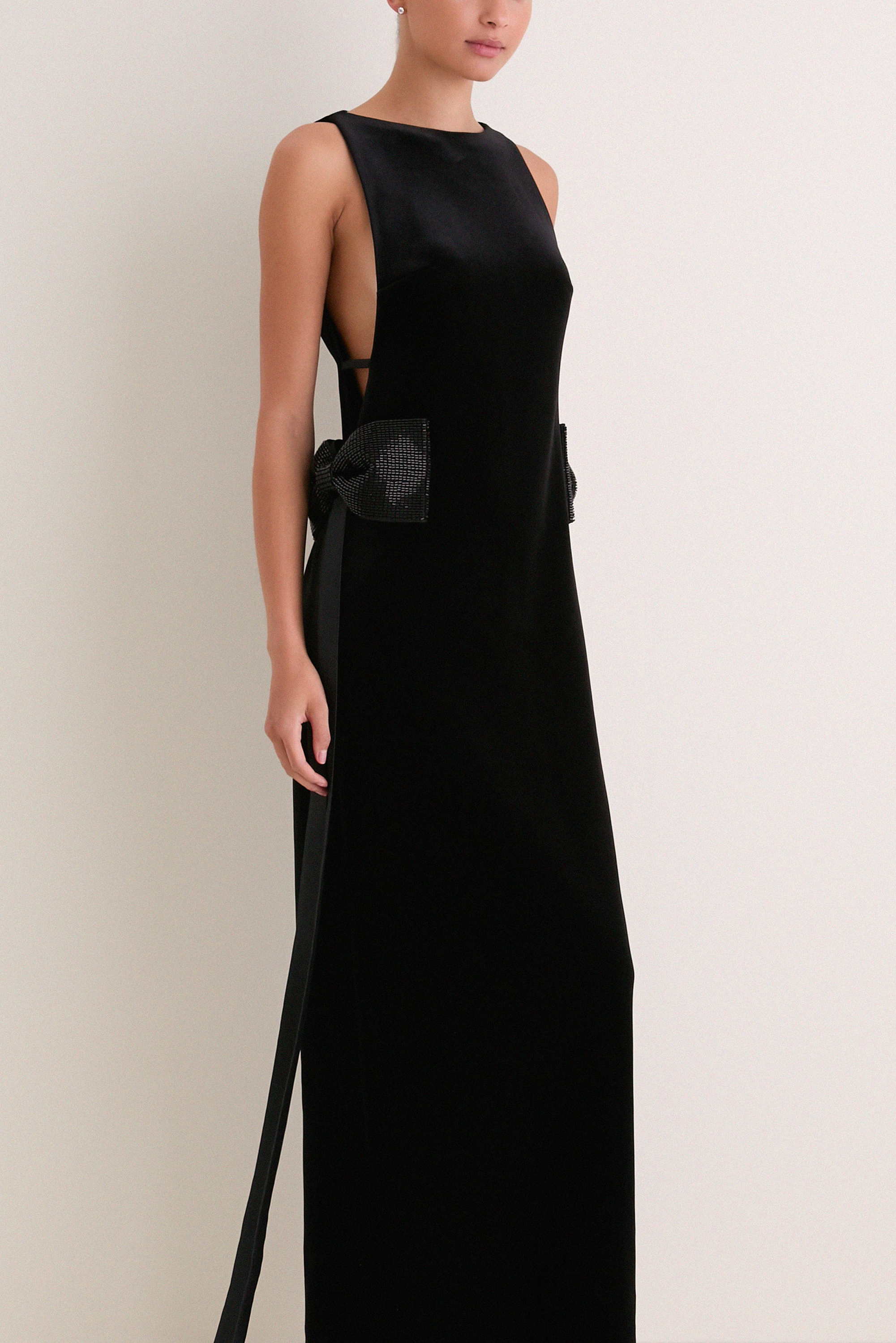 Black Velvet Bow Sides Maxi Dress