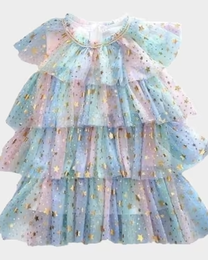 Girl's Metallic Star-Print Tulle Dress, Size 12M-12