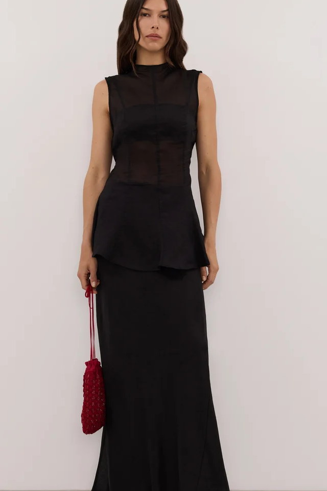Tash Black Ramie Funnel Neck Top