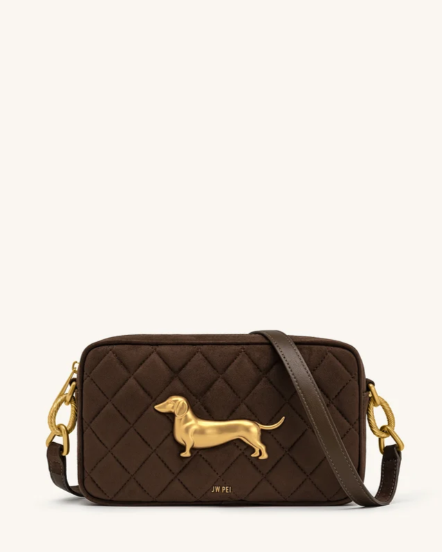 Riley Faux Suede Dachshund Quilted Shoulder Bag - Dark Brown