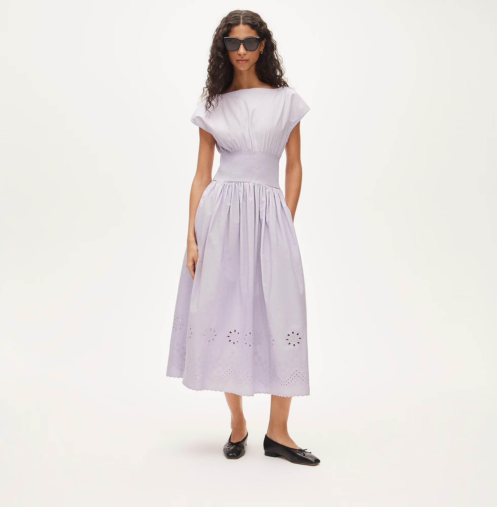 Smocked eyelet-hem dress in cotton poplin