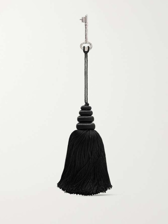 Tasseled satin and silver bag charm