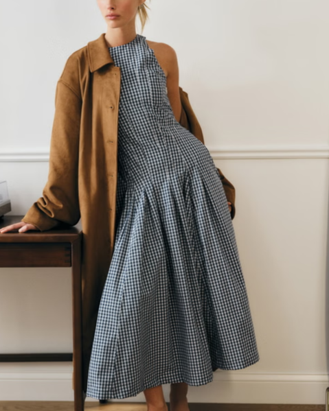 100% Cotton High Neck Seamed Midi Dress