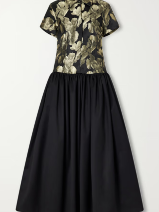 Gathered floral-brocade and twill midi dress